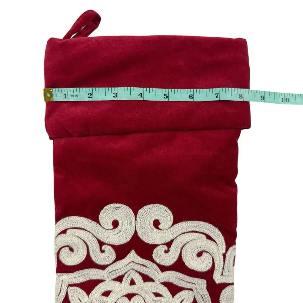 Lot of 2 Pottery Barn Red Velvet Christmas Stocking Embroidered Crewel Snowflake